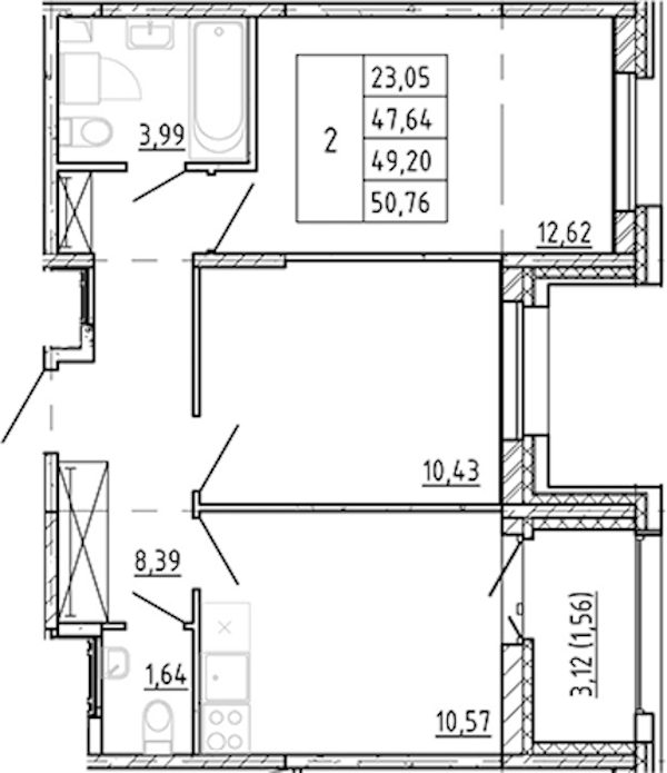 2-комнатная квартира 47.64 м², 11/12 эт., ЖК «Полис Новоселье»